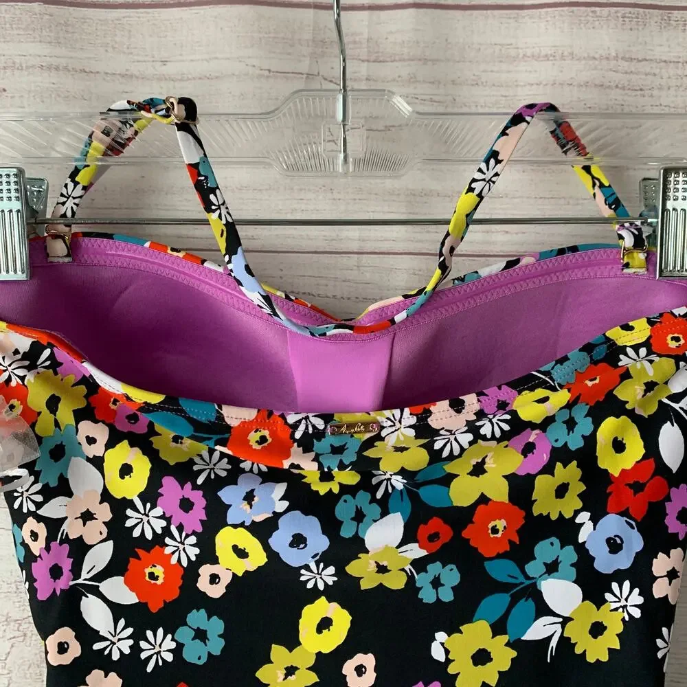 Anne Cole Black Colorful Floral Swimsuit Attachable Halter Strap Size 10